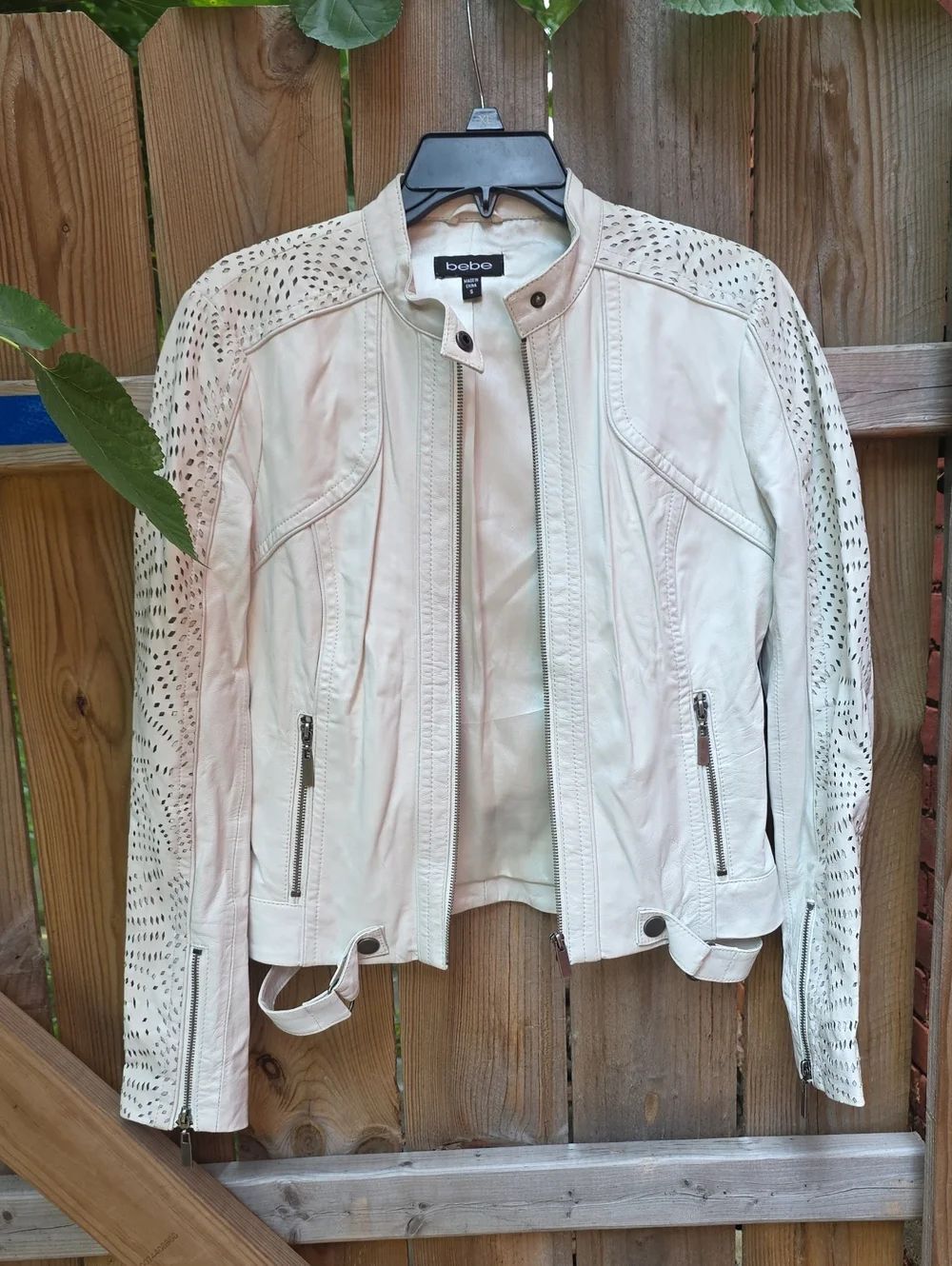 bebe Women's Cream Perforated Moto Jacket